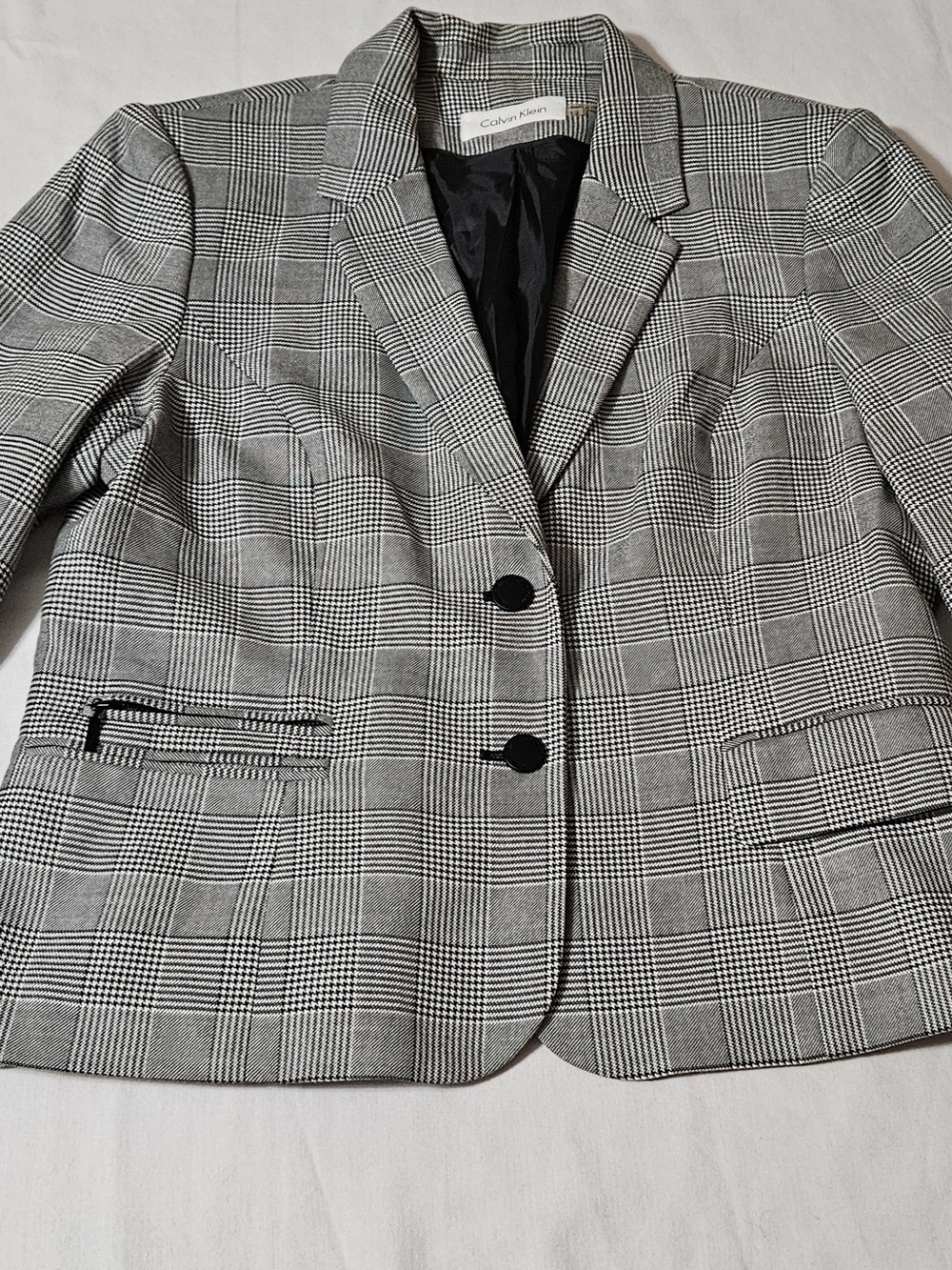 Calvin Klein Plaid Blazer Jacket Size 12 Black White Gray